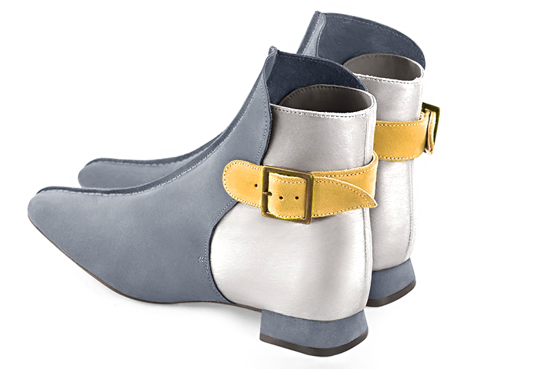 Mouse grey, light silver and mustard yellow women's ankle boots with buckles at the back. Square toe. Flat flare heels. Rear view - Florence KOOIJMAN